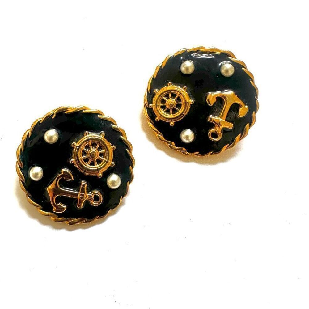 Navy round nautical western clip on vintage earrings